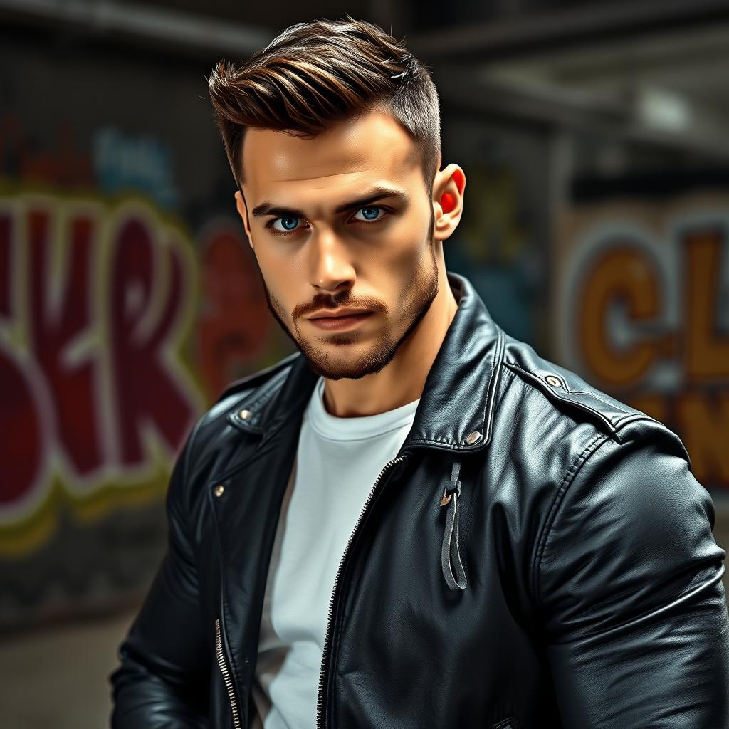 A portrait of a strong, confident man with a chiseled jawline and piercing blue eyes, standing in a powerful pose