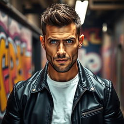 A portrait of a strong, confident man with a chiseled jawline and piercing blue eyes, standing in a powerful pose
