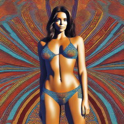 This is a digital art piece featuring a beautiful woman wearing a tight microbikini, emphasizing a cameltoe