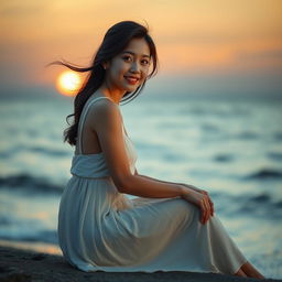A beautiful Korean woman poses gracefully and charmingly, sitting at the edge of the beach during sunset, facing the sea while glancing softly at the camera with a gentle smile
