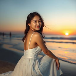 A beautiful Korean woman poses gracefully and charmingly, sitting at the edge of the beach during sunset, facing the sea while glancing softly at the camera with a gentle smile