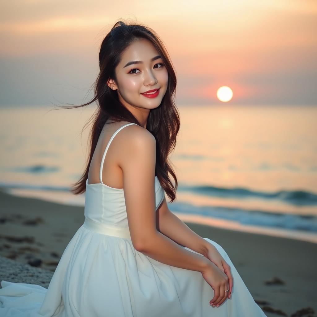 A beautiful Korean woman poses gracefully and charmingly, sitting at the edge of the beach during sunset, facing the sea while glancing softly at the camera with a gentle smile