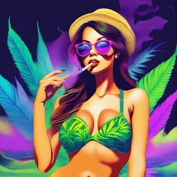 A high-quality digital art image showcasing a gorgeous girl in a microbikini, casually smoking weed