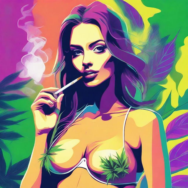 A high-quality digital art image showcasing a gorgeous girl in a microbikini, casually smoking weed