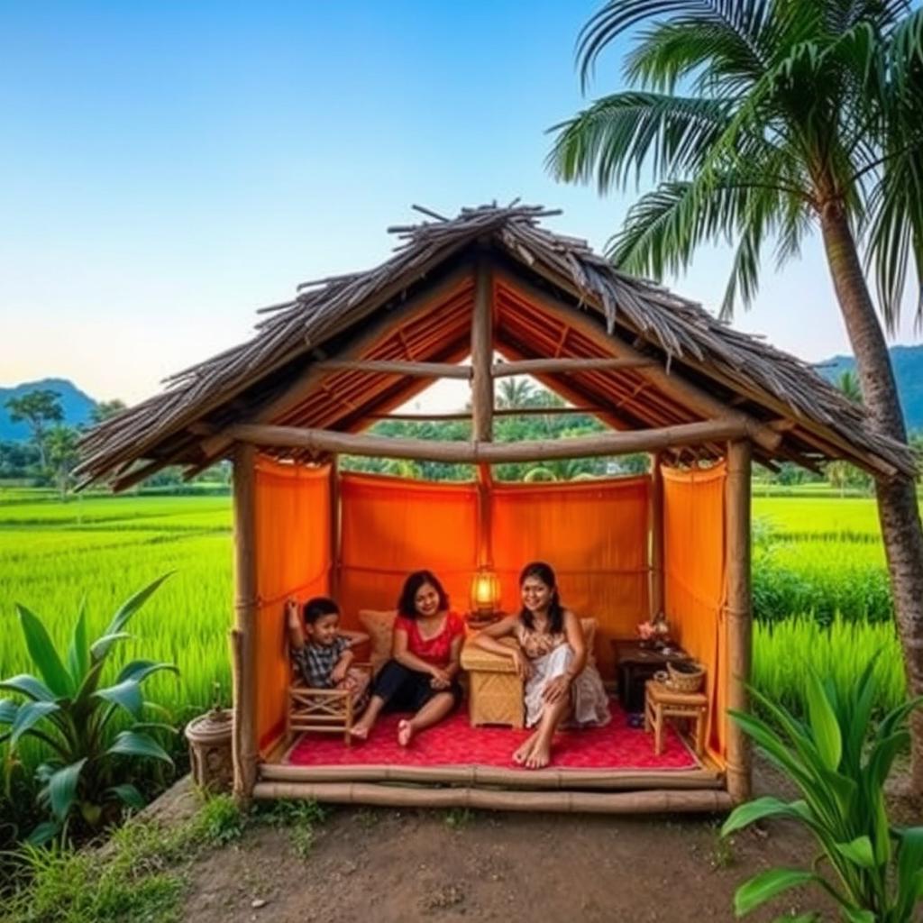 A cozy hut in the middle of a lush Indonesian village field, showcasing traditional Indonesian architecture with thatched roof and bamboo walls