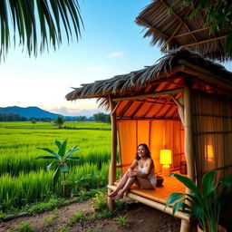A cozy hut in the middle of a lush Indonesian village field, showcasing traditional Indonesian architecture with thatched roof and bamboo walls