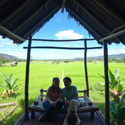 A cozy hut in the middle of a lush Indonesian village field, showcasing traditional Indonesian architecture with thatched roof and bamboo walls
