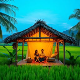 A cozy hut in the middle of a lush Indonesian village field, showcasing traditional Indonesian architecture with thatched roof and bamboo walls