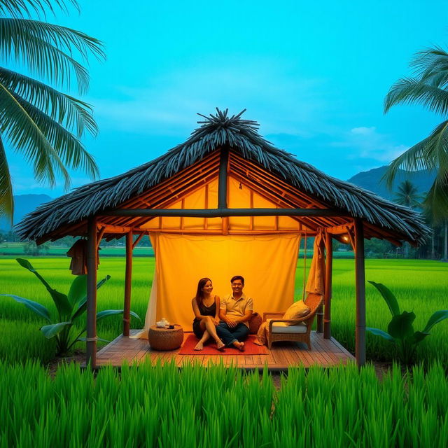 A cozy hut in the middle of a lush Indonesian village field, showcasing traditional Indonesian architecture with thatched roof and bamboo walls