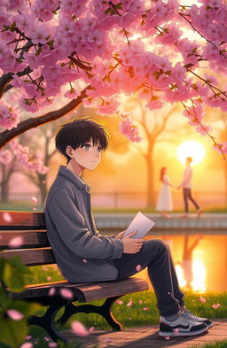 A romantic scene depicting a boy sitting alone on a park bench under a cherry blossom tree in full bloom, the pink petals gently falling around him