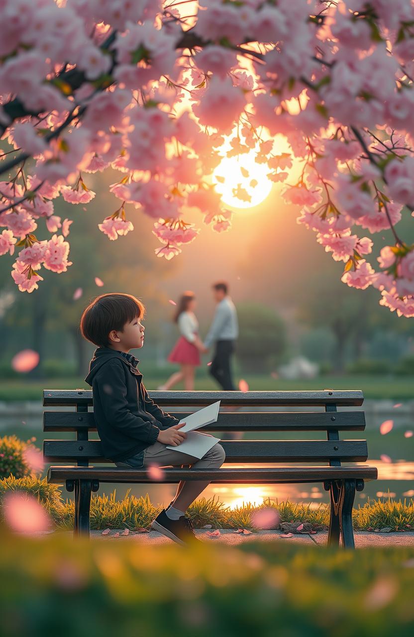 A romantic scene depicting a boy sitting alone on a park bench under a cherry blossom tree in full bloom, the pink petals gently falling around him