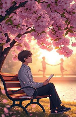 A romantic scene depicting a boy sitting alone on a park bench under a cherry blossom tree in full bloom, the pink petals gently falling around him