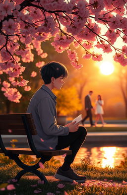 A romantic scene depicting a boy sitting alone on a park bench under a cherry blossom tree in full bloom, the pink petals gently falling around him