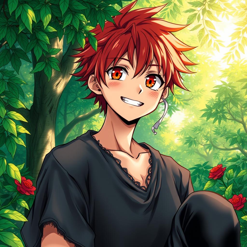 A vibrant manga light novel cover depicting a male character with shaggy crimson hair and captivating flaming orange eyes, radiating warmth and charm