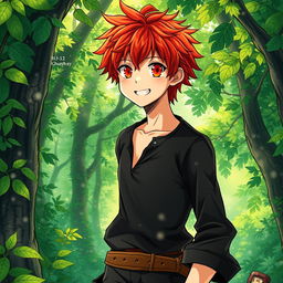 A vibrant manga light novel cover depicting a male character with shaggy crimson hair and captivating flaming orange eyes, radiating warmth and charm