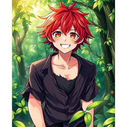 A vibrant manga light novel cover depicting a male character with shaggy crimson hair and captivating flaming orange eyes, radiating warmth and charm