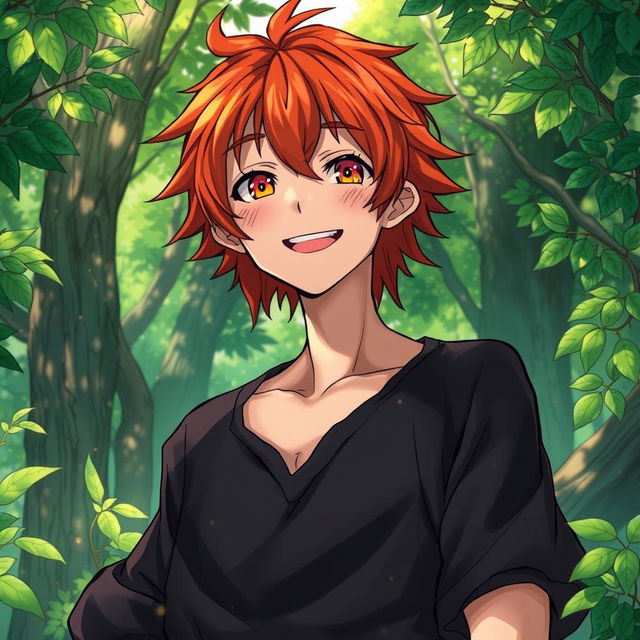 A vibrant manga light novel cover depicting a male character with shaggy crimson hair and captivating flaming orange eyes, radiating warmth and charm