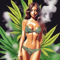 A digital art rendering of a gorgeous girl in a tiny microbikini, showcasing a tasteful sideboob, while smoking weed