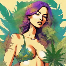 A digital art rendering of a gorgeous girl in a tiny microbikini, showcasing a tasteful sideboob, while smoking weed