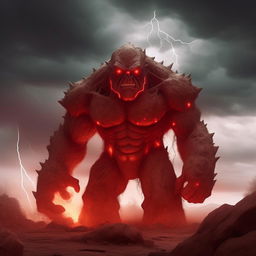 A larger, more intimidating stone golem with glowing red eyes and jagged, sharp features, surrounded by lightning in a stormy, desolate landscape.