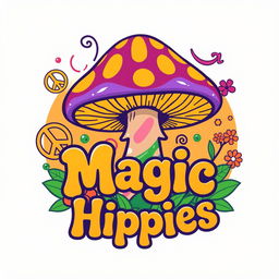 A vibrant and eye-catching logo featuring a magic mushroom with colorful stripes and swirling patterns, surrounded by whimsical hippie elements like peace signs and flowers