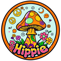 A vibrant and eye-catching logo featuring a magic mushroom with colorful stripes and swirling patterns, surrounded by whimsical hippie elements like peace signs and flowers