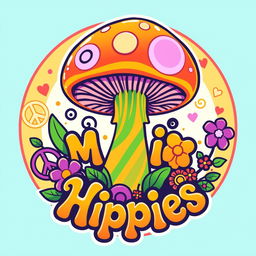 A vibrant and eye-catching logo featuring a magic mushroom with colorful stripes and swirling patterns, surrounded by whimsical hippie elements like peace signs and flowers