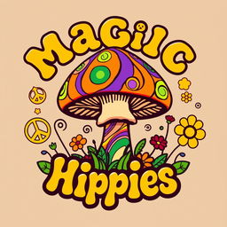 A vibrant and eye-catching logo featuring a magic mushroom with colorful stripes and swirling patterns, surrounded by whimsical hippie elements like peace signs and flowers