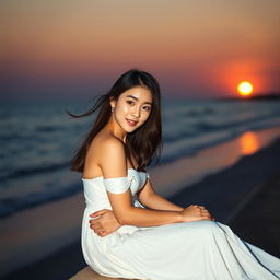 A beautiful Korean woman gracefully posed and charming, sitting on the edge of the beach at sunset, facing the ocean while giving a soft smile as she glances at the camera