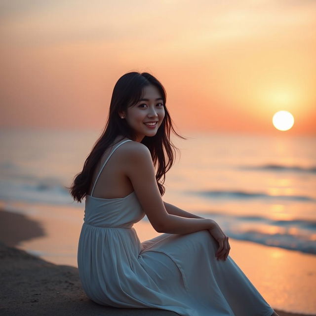 A beautiful Korean woman gracefully posed and charming, sitting on the edge of the beach at sunset, facing the ocean while giving a soft smile as she glances at the camera