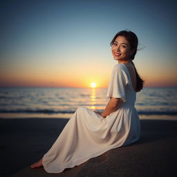 A beautiful Korean woman gracefully posed and charming, sitting on the edge of the beach at sunset, facing the ocean while giving a soft smile as she glances at the camera