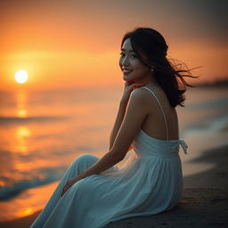 A beautiful Korean woman gracefully posed and charming, sitting on the edge of the beach at sunset, facing the ocean while giving a soft smile as she glances at the camera