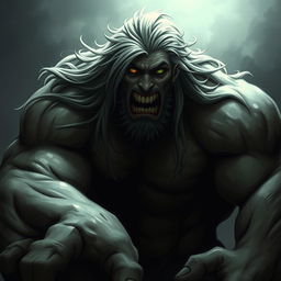 A muscular, monstrous man with long, flowing hair, featuring one green eye and one blood-red eye filled with intensity