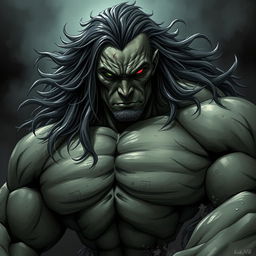 A muscular, monstrous man with long, flowing hair, featuring one green eye and one blood-red eye filled with intensity