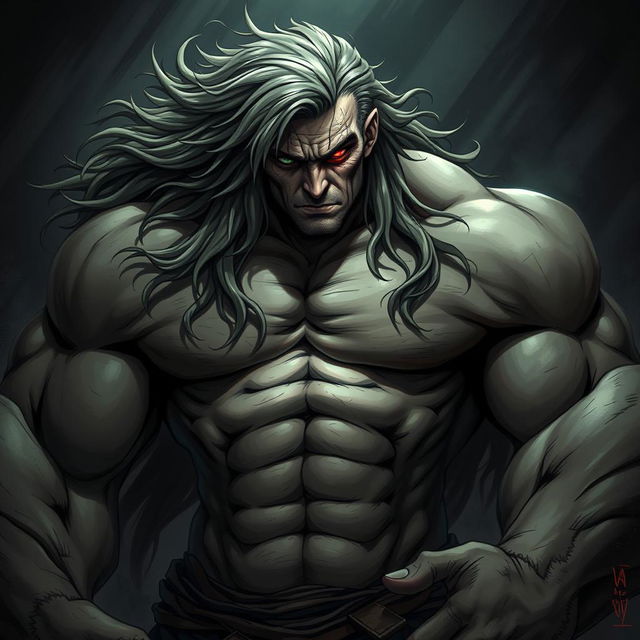 A muscular, monstrous man with long, flowing hair, featuring one green eye and one blood-red eye filled with intensity