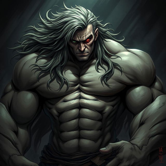 A muscular, monstrous man with long, flowing hair, featuring one green eye and one blood-red eye filled with intensity