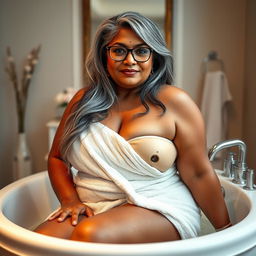 A plus-size dusky Indian mature woman, 50 years old, with long grey hair and glasses, emanating sensuality as she poses in a luxurious bathtub within a beautifully styled bathroom