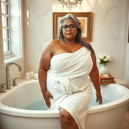 A plus-size dusky Indian mature woman, 50 years old, with long grey hair and glasses, emanating sensuality as she poses in a luxurious bathtub within a beautifully styled bathroom