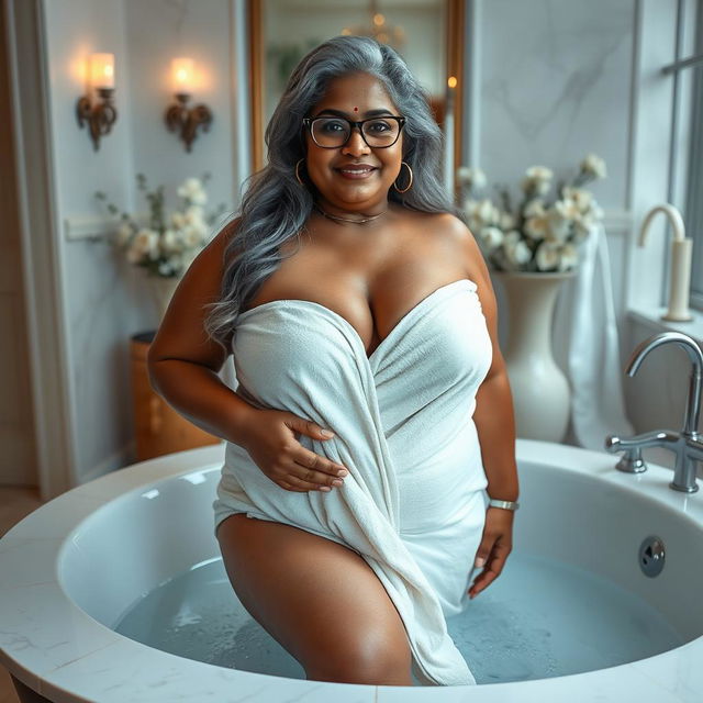 A plus-size dusky Indian mature woman, 50 years old, with long grey hair and glasses, emanating sensuality as she poses in a luxurious bathtub within a beautifully styled bathroom