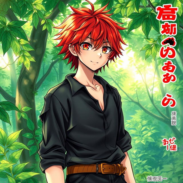 A visually striking manga light novel cover featuring a male character with shaggy crimson hair and mesmerizing flaming orange eyes