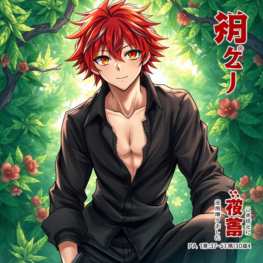 A visually striking manga light novel cover featuring a male character with shaggy crimson hair and mesmerizing flaming orange eyes