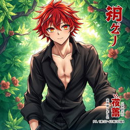 A visually striking manga light novel cover featuring a male character with shaggy crimson hair and mesmerizing flaming orange eyes