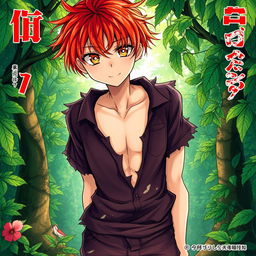 A visually striking manga light novel cover featuring a male character with shaggy crimson hair and mesmerizing flaming orange eyes