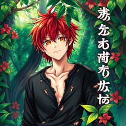 A visually striking manga light novel cover featuring a male character with shaggy crimson hair and mesmerizing flaming orange eyes