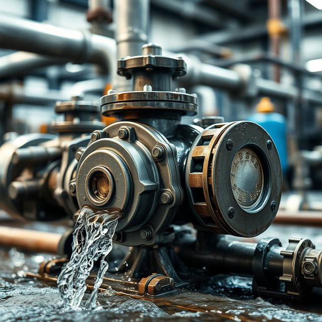 A close-up shot of an industrial pump in action, showcasing its intricate details and robust structure
