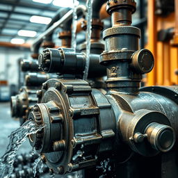 A close-up shot of an industrial pump in action, showcasing its intricate details and robust structure
