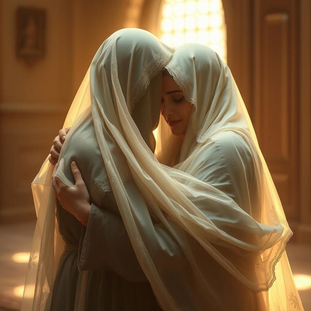 A heartfelt scene depicting an embrace between two veiled figures that captures the profound longing and connection between them