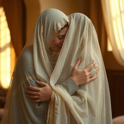 A heartfelt scene depicting an embrace between two veiled figures that captures the profound longing and connection between them