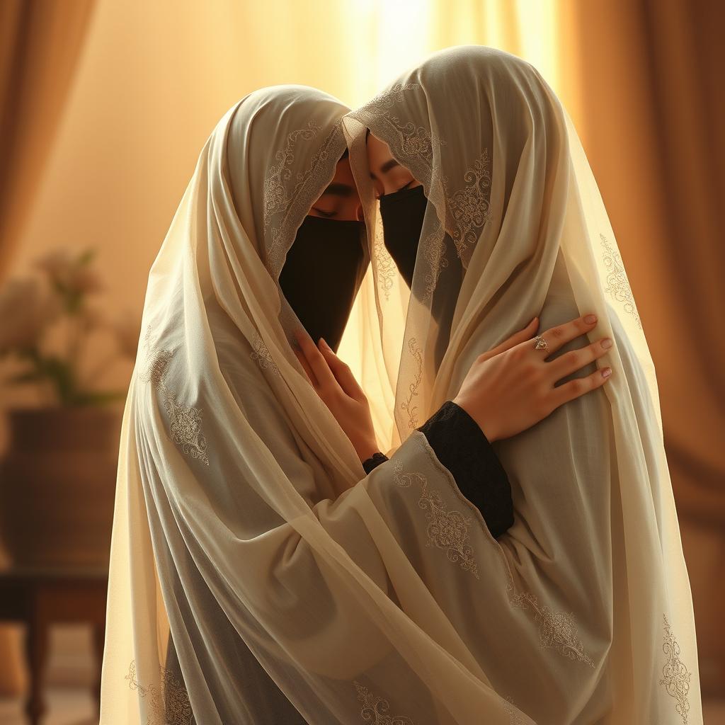 A heartfelt scene depicting an embrace between two veiled figures that captures the profound longing and connection between them