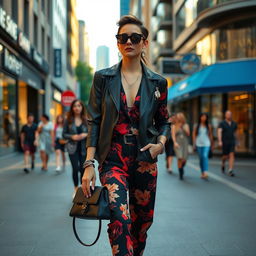 A stylish and fashionable individual walking confidently down a bustling urban street